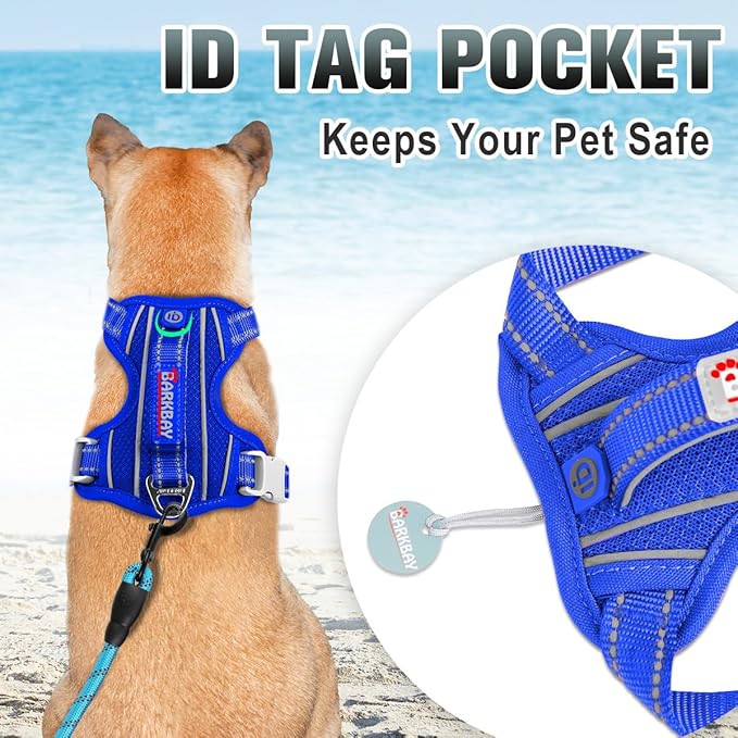 BARKBAY No Pull Dog Harness Large Reflective Dog Harness with Front Clip and Easy Control Handle for Walking Training Running with ID tag Pocket(Sapphire Blue,S)