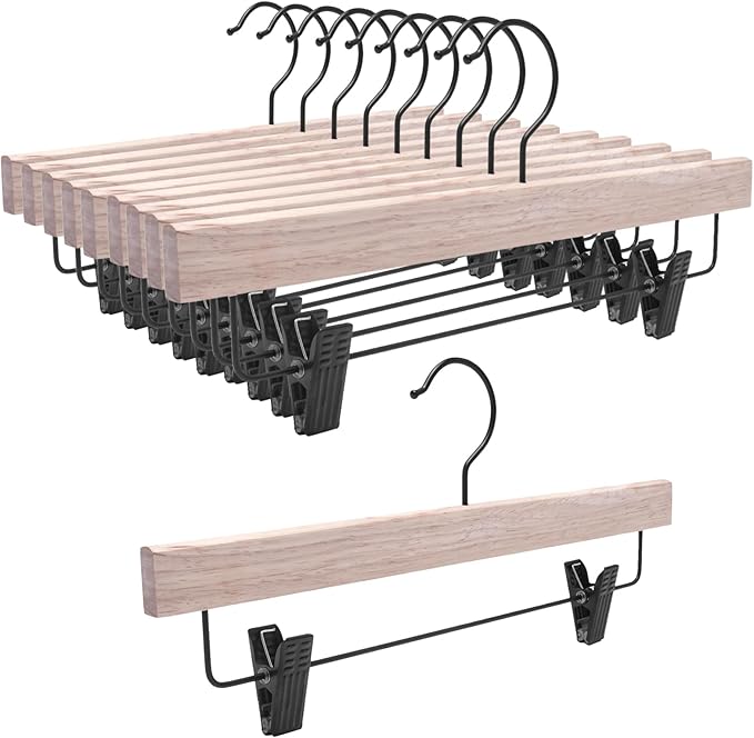 Nature Smile Deluxe Wooden Pants Hangers,Solid Rubber Wood Jeans Skirt Hanger Without Painting,with Adjustable Black Clips and Rotatable Hook,Pack of 20(Natural Unvarnished)