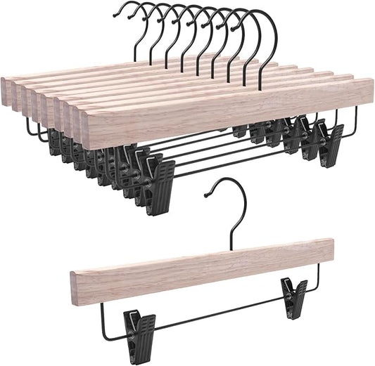 Nature Smile Deluxe Wooden Pants Hangers,Solid Rubber Wood Jeans Skirt Hanger Without Painting,with Adjustable Black Clips and Rotatable Hook,Pack of 20(Natural Unvarnished)