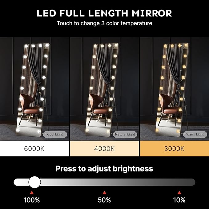 Kosmonia 62x20 Hollywood Full Length Mirror with Light, 20 Dimmable Bulbs & 3 Color Smart Touch Control, Distortion Free, Tempered Glass & Shatter Proof Film, Safe Full Body Mirrors with Stand