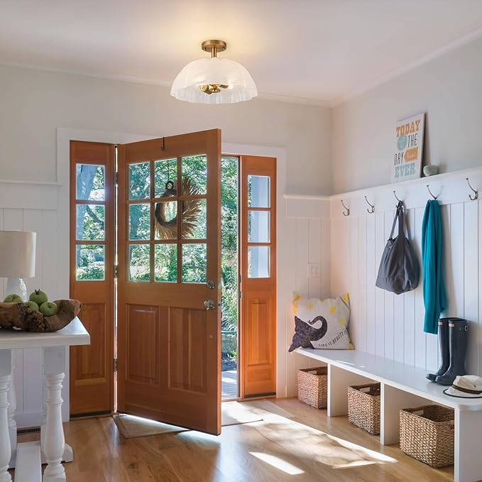 Mid-Century Modern Brushed Gold Semi Flush Mount Ceiling Light,2-Light Pumpkin Design Ceiling Light Fixture with Milky Cloudy Glass Shade,for Living Room,Dining Room,Bedroom,Entryway(15.98 inch)