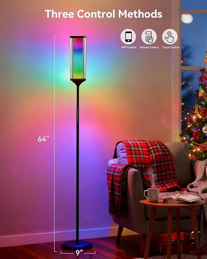 JOOFO RGBICW Corner Floor Lamp with Glass Shade, Color Changing LED Lamp with Music Sync, Smart App & Remote Control, Ambient Lighting with 16 Million Colors for Bedroom, Living Room, Gaming Room
