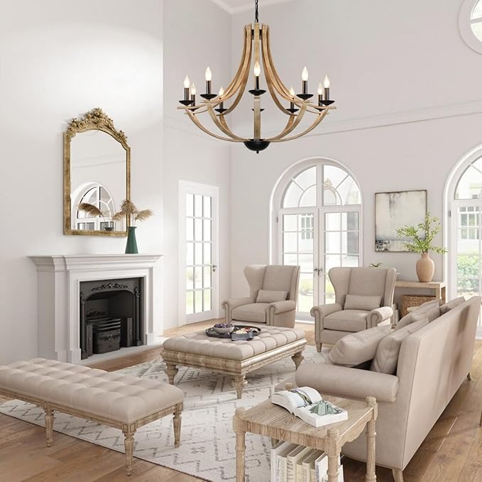 Farmhouse Chandeliers for Dining Room Light Fixture, 10-Light 35" Adjustable Height Retro Faux Wood Texture Rustic Light Fixtures for Living Room Bedroom Kitchen Island Foyer Entryway