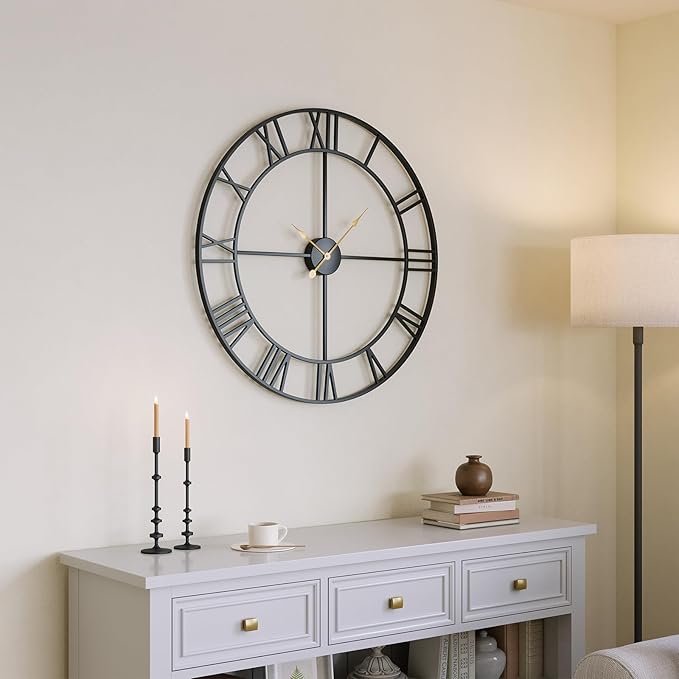 30 Inch Large Wall Clock, Modern Decorative Wall Clocks Silent Non Ticking Battery-Operated, Black Metal Round Clock for Living Room Kitchen Office Mantel - Roman Number