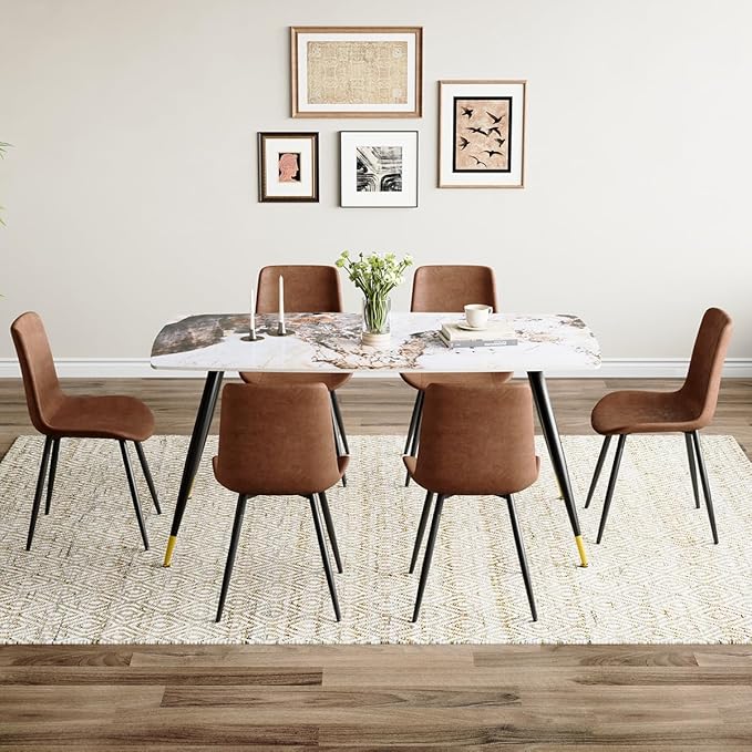 7 Piece Dining Table Set, 62'' Sintered Stone Dinner Table Set for 6, 6 Chair Dining Table Set, Easy to Assemble