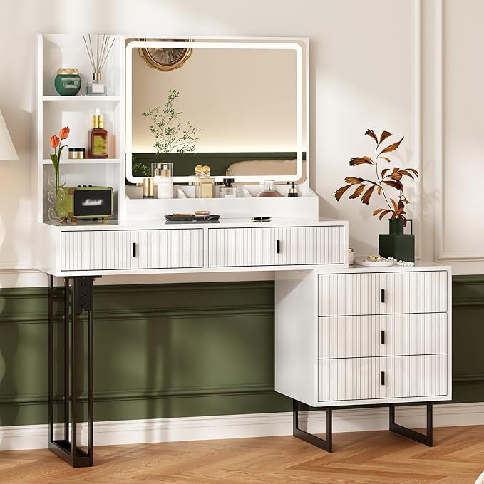 Large Vanity Desk with 3 Color Touch Screen Dimming Mirror, Vanity Desk with Charging Station, Modern Retractable Makeup Dressing Table, Vanity Table With storage shelves and 5 Sliding Drawers, White