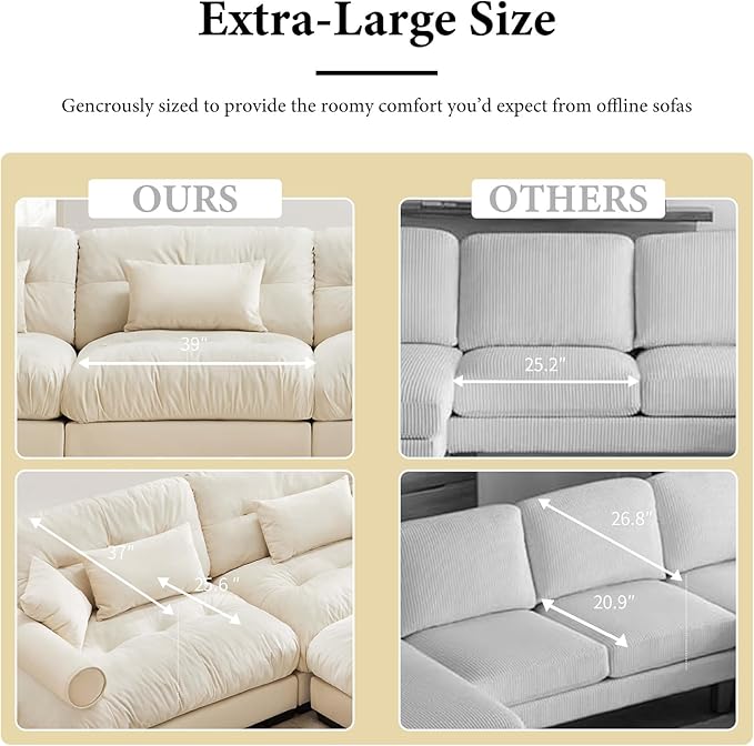 93.7" Loveseat Sofa, 2 Seater Modular Sectional Sofa, Beige White Large U Shaped Sectional Couches for Living Room, Fluffy Couch, Love Seat, Velvet Cloud Couch with Ottoman, Deep Seat for Living Home