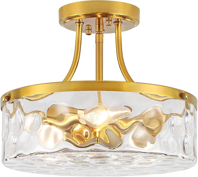 11.81" Modern Gold Semi Flush Mount Ceiling Light, Hammered Glass Hallway Light Fixtures, Entryway Light Fixture, 3-Light Lighting Fixtures for Kitchen Island Dining Room Bedroom Laundry, UL Listed