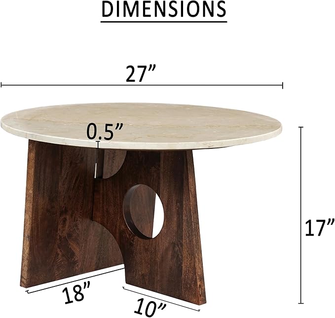 TUP THE URBAN PORT Kali Coffee Table | 27" Natural Round Marble Tabletop | Dark Brown Mango Wood Sculptural Base