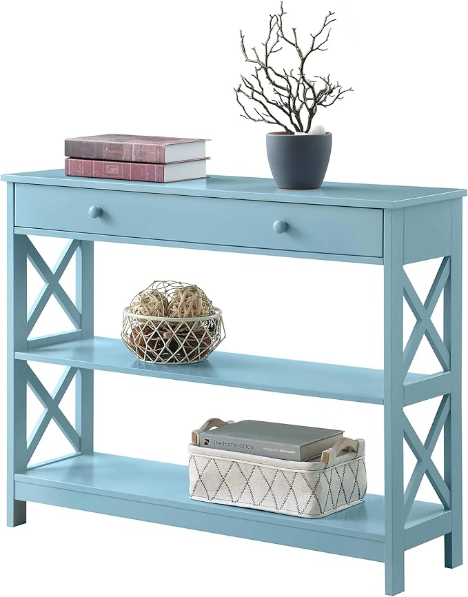 Convenience Concepts Oxford 1-Drawer Console Table 39.5" - Farmhouse Sofa Display with Storage Shelf For Living, Family, & Dining Room, Modern Entryway Hall Table for Kitchen, Bedroom, Sea Foam Blue