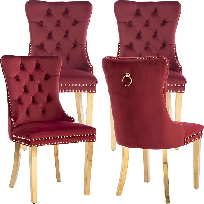 Luxury Upholstered Dining Chairs Set of 4, Red Kitchen Chair with Golden Metal Legs, Velvet Tufted Back Dining Chair, Sillas de Comedor, Modern Kitchen & Dining Room Chairs (Burgundyy, 4 Pcs)