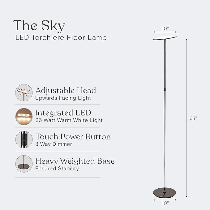 Brightech Sky LED Floor lamp, Torchiere Super Bright Floor Lamp for Living Rooms & Offices - Dimmable, Tall Standing Lamp for Bedroom Reading - Black Chrome
