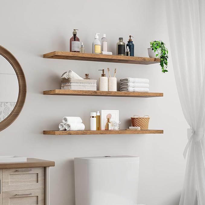 Floating Shelves for Wall, 1.5" Thick Wall Shelf Set of 3 with Invisible Bracket, L39.4 x W7.9 Hanging Shelves Farmhouse Home Decor for Bathroom, Living Room, Bedroom Rustic Brown 10301BJP3BF