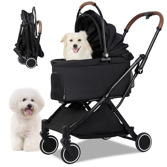 Pet Stroller for Small Dogs & Cats – Gravity Foldable 3 in 1 Dog Stroller with Lightweight Removable Carrier Holds up to 44 lbs & 180° Canopy with Storage Basket