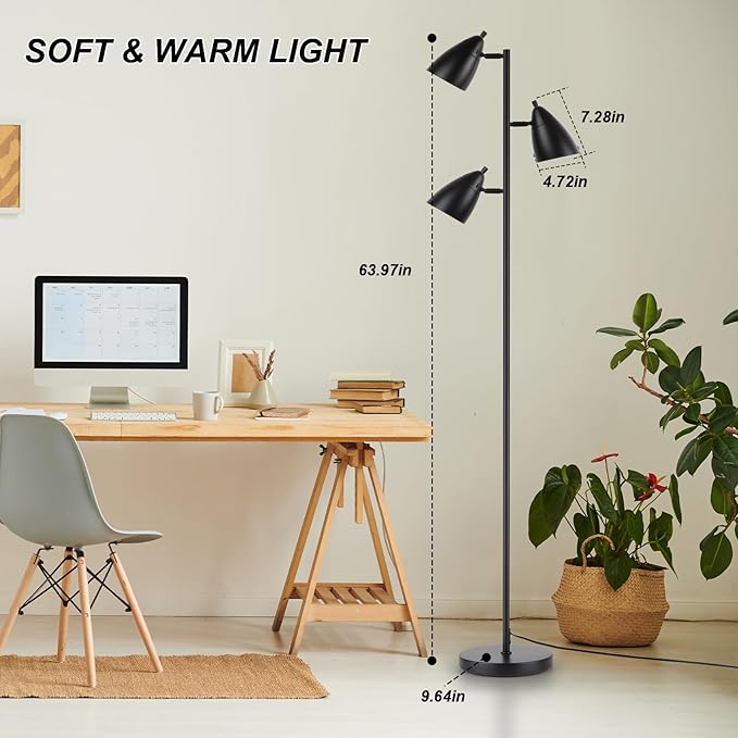 Tree Floor Lamp for Living Room, Industrial 3-Light Standing Lamp with 3 LED Bulbs, Adjustable Rotation Heads, Standing Tall Pole Lamp Farmhouse Rustic Reading Lamps for Bedroom Office (Black)