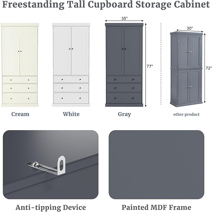 Merax 77" Tall Kitchen Storage Cabinet Pantry Wood Freestanding Large Cupboard with 3 Drawers,3 Adjustable Shelves,8 Door-Shelf for Dining Room,Grey