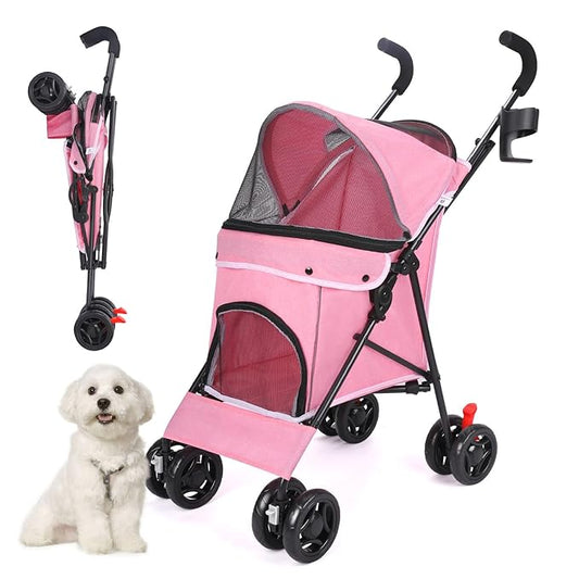 Pet Stroller for Small Dogs Medium Dogs 33lbs, Dog Pram Ultra Light - only 3.5 kg, Dog Stroller Pet Pram with 4 Wheel Foldable/Storage Basket/Cup Holder-P07 (Pink)