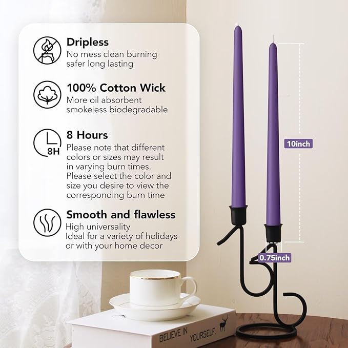New Burning Formula Unscented Dripless 10-Inch Taper Candles Set of 12 - Purple, for Wedding, Dinner - Smokeless, Long Burning - Hand Poured, Colored Tall Candlesticks - Púrpura