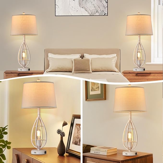 27.8" Farmhouse Table Lamps for Living Room Set of 2 - Beside Touch Lamps for Bedroom with USB C+A, Rustic Vintage Retro Lamps for Night Stands, Bulbs Included (White)
