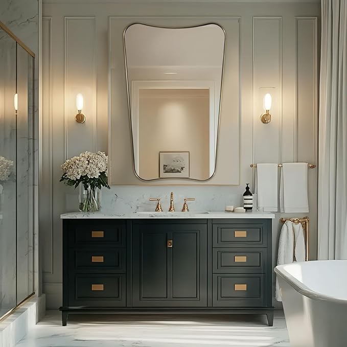 ANDY STAR 30x48 Inch Brushed Gold Mirror, Large Asymmetrical Wall Mirror, Antique Gold Mirror in Anti-Rust Stainless Steel Frame, Unique Designed Frame Ideal for Home Remodel