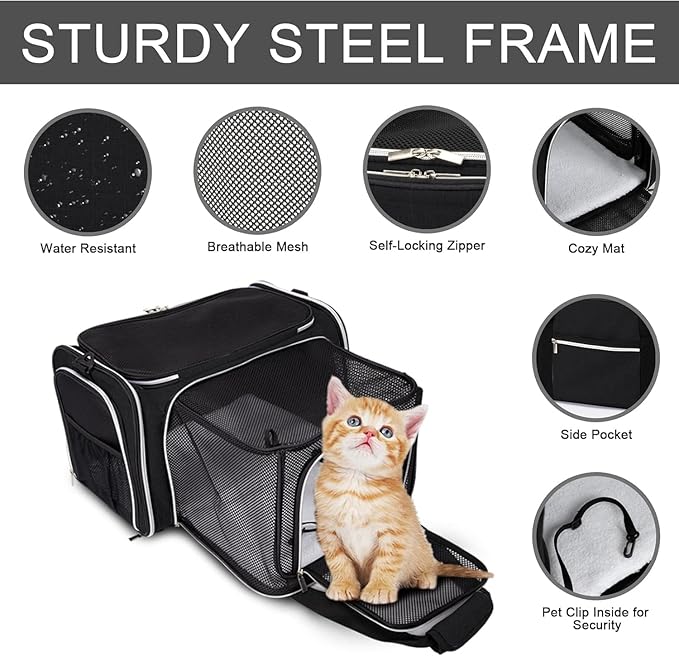 BAGLHER Expandable Cat Carrier with Travel Litter Box, Pet Travel 5 Sides Open Doors 3 Sides, Leak-Proof and Collapsible, for Car, Airplane Trip, Black