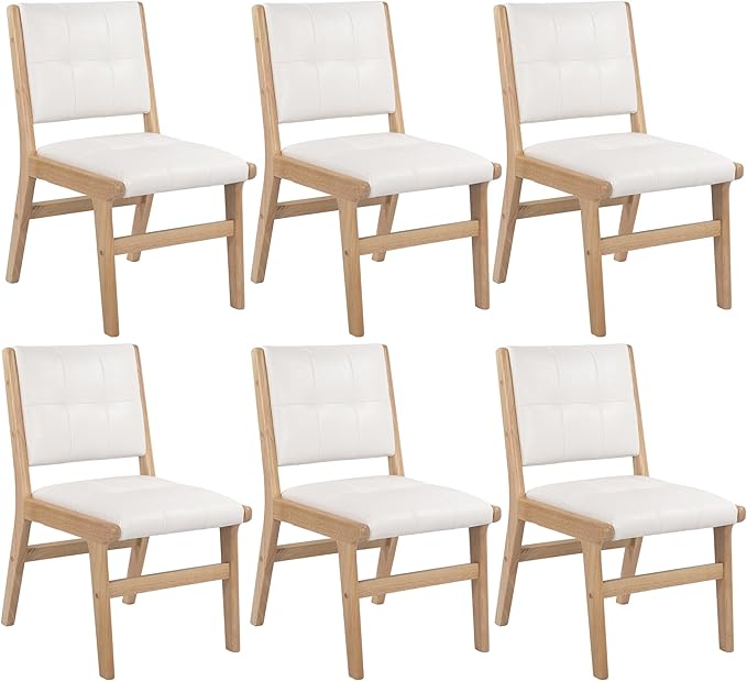 KCC Modern PU Leather Dining Chairs Set of 6, Upholstered Kitchen Chairs with Solid Wood Legs and Comfortable Seat for Dining Room/Lounge/Bedroom(White)