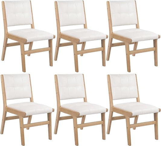 KCC Modern PU Leather Dining Chairs Set of 6, Upholstered Kitchen Chairs with Solid Wood Legs and Comfortable Seat for Dining Room/Lounge/Bedroom(White)