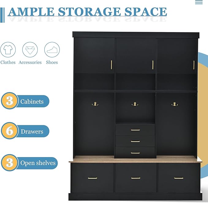 Merax 5-in-1 Hall Tree with Bench and Storage, Modern with Coat Rack, 6 Drawers, 3 Cabinets and 3-Tier Top Storage for Hallway, Entryway, Living Room, Black