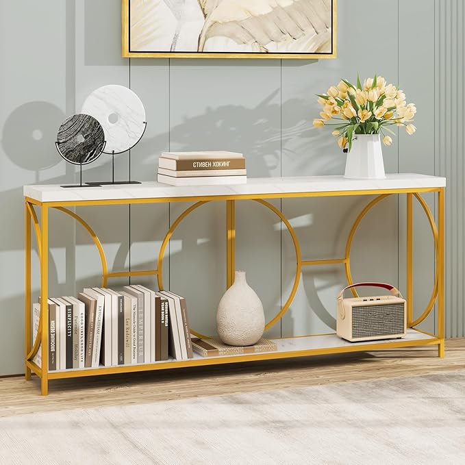 GOFLAME 71” Extra Long Console Table, 2-Tier Faux Marble Entryway Table with Storage Shelf, Geometric Metal Frame, Modern Gold Accent Table, Narrow Sofa Table for Living Room, Hallway