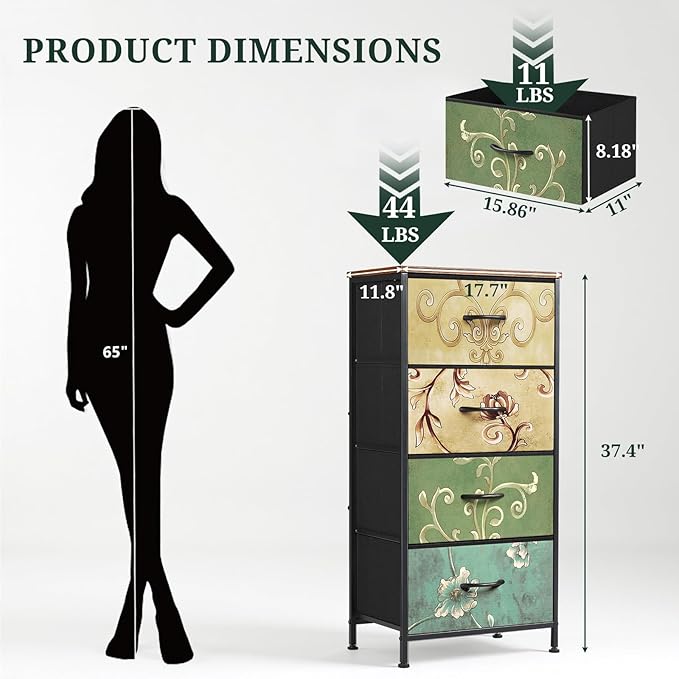 Nightstand, 4 Drawer Dresser End Table Bedside Furniture with Wooden Top Steel Frame Fabric Bins for Bedroom, Closet, Entryway, Dorm, Living Room, Floral Painted