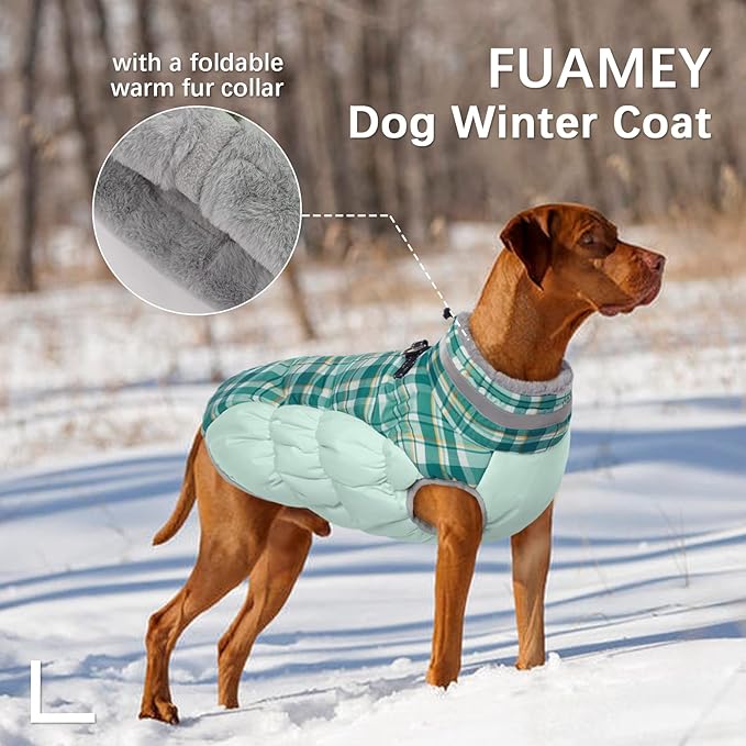 FUAMEY Dog Coat for Small Dogs,Waterproof Dog Winter Jacket with Harness Built in Puppy Cold Weather Coats Reflective Pet Vest with Zipper Warm Fleece Dogs Snowsuit Windproof Green Plaid S