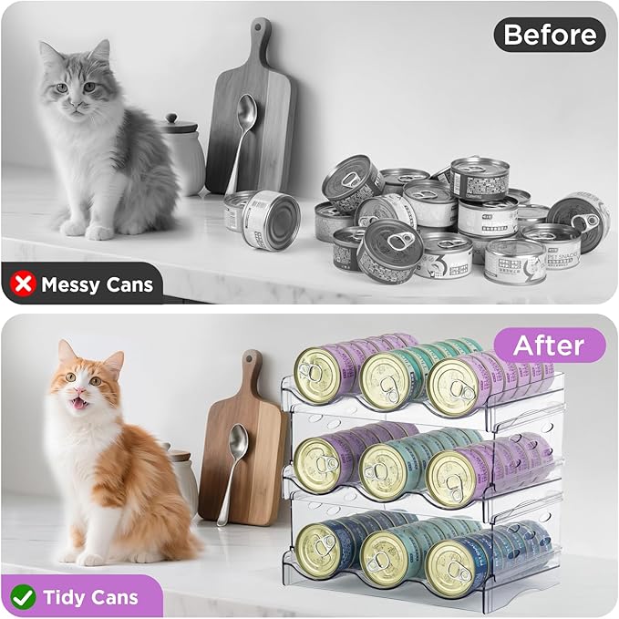 REFLYING Cat Food Can Organizer, 3-Layer Transparent Cat Food Storage Container Holds 54 (3.5oz) Cans, Canned Cat Food Organizer and Storage for Countertop Kitchen Cabinet or Pantry Shelf（3 Layer）
