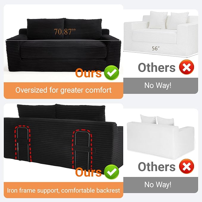 Fefances Loveseat Sofa Bed Boneless Couch, Convertible 2-in-1 Design, Corduroy Fabric - Compact Memory Foam Couch for Small Spaces, Apartments, Home Office & Bedroom (Black)