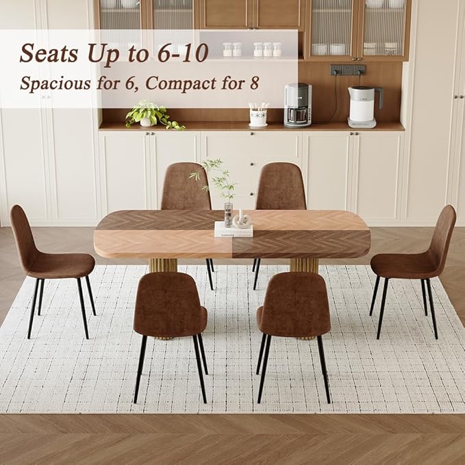 79" Large Dining Table Set for 6, Modern Farmhouse Dining Room Table Set with 1.7" Thick Two-Tone Wood Top, Sculpted Wave Legs & 6 Suede Upholstered Chairs, Wooden Kitchen Table Set for Living Room