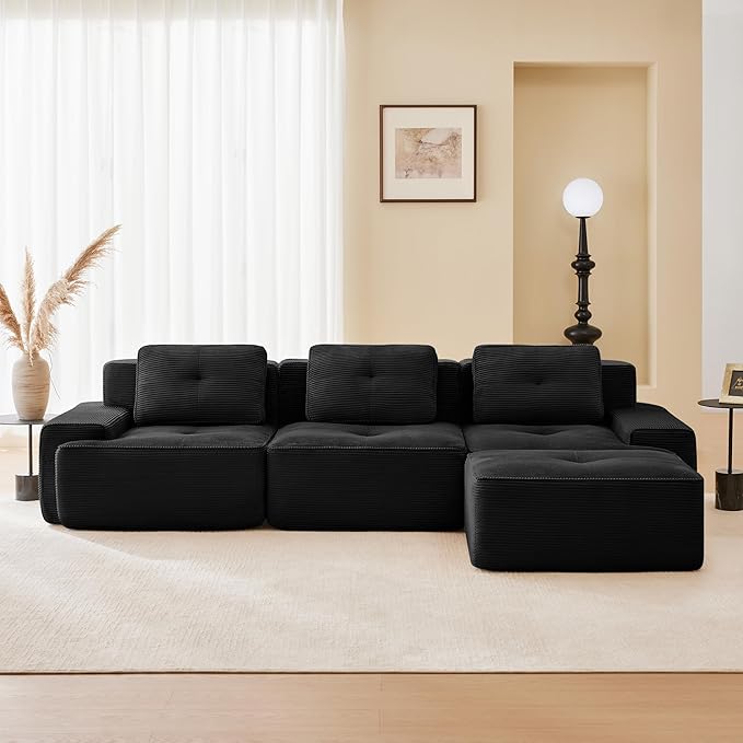 115.3'' Sectional Sofa, 32D Foam Corduroy Boneless Couch with Pillow, Deep Seat Wide Arm Sectional L Shaped Couch for Living Room, Apartment, Bedroom