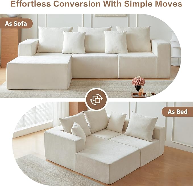 101" Cloud Couch for Bedroom,Boneless Couch with Oversized Chaise,4-Seat Chenille Deep Seat Sofa with 5-Pillows for Living Room,Corduroy Sofa in A Box,Beige