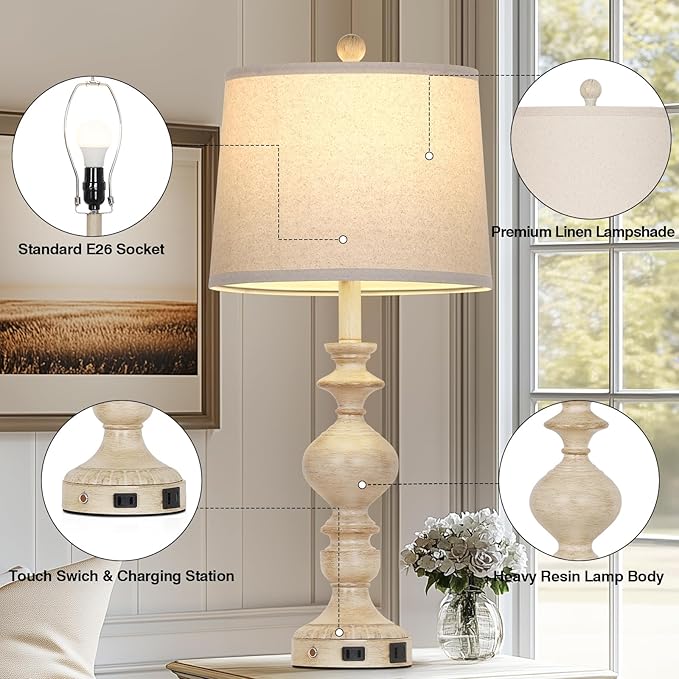 28" Farmhouse Table Lamps Set of 2, Rustic Lamp for Living Room with USB C+A Ports & AC Outlet, 3 Way Touch Control Resin Bedside Lamps, Retro Bedroom Lamp for Nightstand Side End Table Desk, Beige