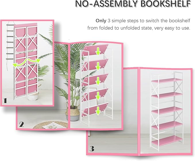 4NM 5 Tiers No Assembly Book Shelves, 51.2" H Folding Bookshelf Bookcase Open Industrial Foldable Shelves for Bedroom, Living Room, Home Office - Pink White