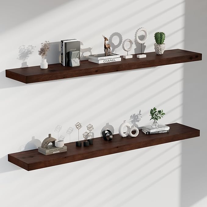 foxsky 60 Inch Solid Pine Wood Floating Shelves for Wall with Hidden Brackets, Rustic Farmhouse Wall Mounted Shelf for Bathroom, Living Room, Bedroom, Kitchen, Office Decor (Walnut)