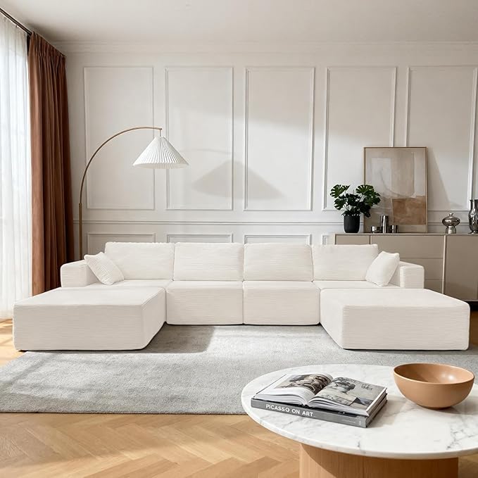 137” Modular Sectional Sofa Couch, 4-Seater U-Shape Sofa with Ottoman, Memory Foam Compressed Sofa, Free Combination Couch for Living Room,No Assembly Needed (White, 4 Seats+ 2 Ottoman)