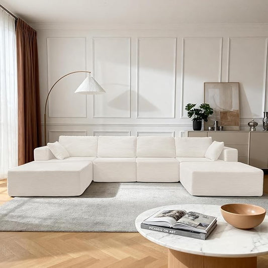 137” Modular Sectional Sofa Couch, 4-Seater U-Shape Sofa with Ottoman, Memory Foam Compressed Sofa, Free Combination Couch for Living Room,No Assembly Needed (White, 4 Seats+ 2 Ottoman)