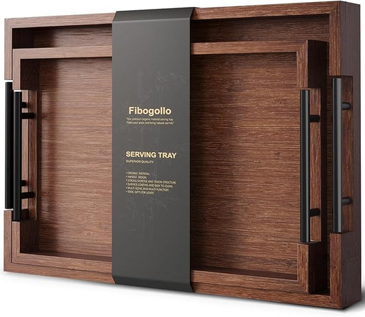 Bamboo Set of 2 Serving Tray with Metal Handles,Ottoman Decorative Trays Platter for Coffee Table,Living Room,Bar,Party(Brown)