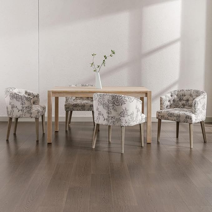 DUOMAY Modern Tufted Dining Chairs Set of 6, Linen Upholstered Side Chair, Comfy Accent Barrel Chair with Wood Legs for Home Kitchen Dining Room Living Room Restaurant, Beige Flower Pattern