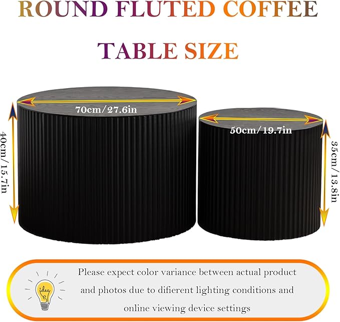 Black Round Fluted Coffee Table Set of 2 - Handcraft Embossed Design, Stylish Combination Center Drum Table for Living Room - No Assemble Needed (D-27.6IN+19.7IN)