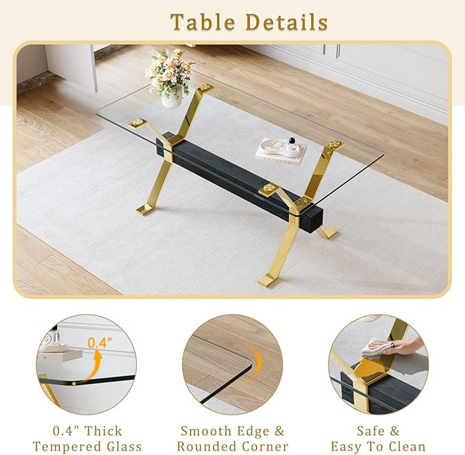 Glass Dining Table 71"｜Modern Dining Table for 6-8｜0.4" Thick Tempered Glass Top｜Chrome Gold Metal Legs｜Black Crossbar｜Easy Assembly｜Perfect for Dining Room or Kitchen