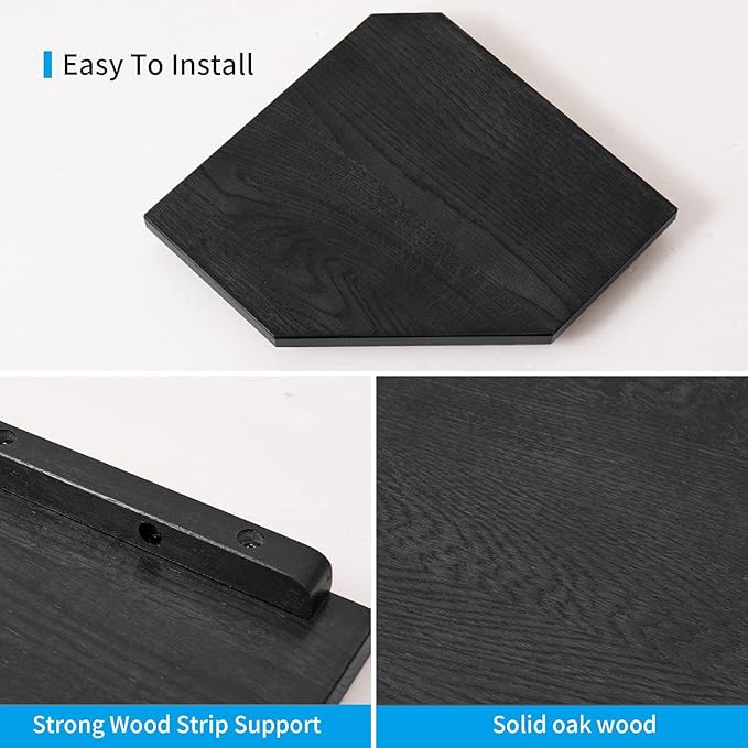 Corner Shelf Wall Mount, Set of 2 Solid Oak Wood Floating Corner Shelves with Wire Hole Display Shelf with Wire Hole Small Plant Display for Kitchen Living Room Bedroom Black