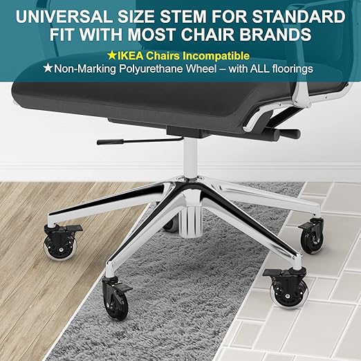 TICONN Office Chair Caster Wheels Set of 5 for Tile, Hardwood Floors and Carpets, Universal Fit for Most Chairs (Transparent with Brake)