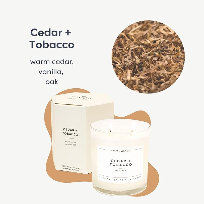 Calyan Wax Co. Cedar & Tobacco 2 Wick Scented Candle - 37 Hour Burn - Luxury Non Toxic Soy Wax Candles - Long Lasting Large Glass Jar Candle for Home - 8.8oz