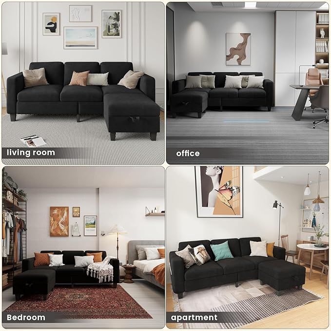 Sectional Sofa Couches for Living Room - 78''Convertible Modular Three-Seater L-Shaped Pet-Friendly Couch,Washable Sofa Cover-Bench Storage, Suitable for Small Living Room, Apartment,Office-Black