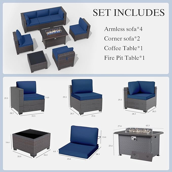 Gotland 8 Pieces Patio Furniture Set with Fire Pit Table, All Weather Rattan Outdoor Furniture with 29.5'' High Backrest 4’’ Thick Cushions Coffee Table, Outdoor Sectional for Porch, Deck, Navy